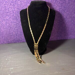 GOLD Tone METAL NECKLACE TASSEL SHINY RECTANGULAR LINKS HOOK CLOSURE A74